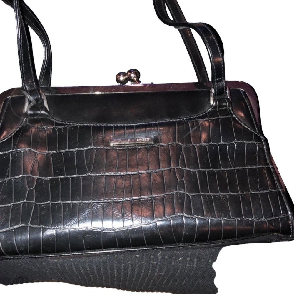 Rosetta black embossed alligator print classic hinged with kiss lock